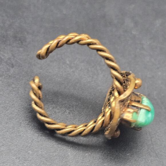 Antique Peking Glass Ring Size 6 Gold Tone Teal Mottled Glass Vintage - Picture 5 of 7